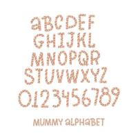 linda fuente de momia. alfabeto hecho de vendajes. letra monstruo zombie del abc latino. letras de tipo egipcio antiguo, números. ilustración de vector plano aislado.