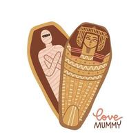 Hand drawn mummy in slightly opened sarcophagus in the shape of heart. Lettering text - Love mummy. Flat vector isolated illustration.