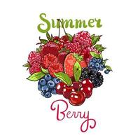 Hand drawn vector set Letterig summer berry colorful marker illustration. Berries engraving doodle sketch etch line. Raspberry, strawberry, cherry on white background. Dessert farm natural product.