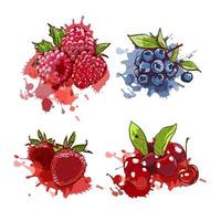 Cherry, strawberry, blueberry and raspberry on watercolor splashes and spots. vector hand drawn illustration in marcer copic sketch style isolated on white background