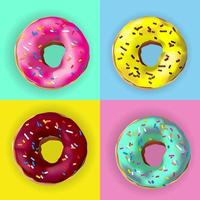 donuts vectoriales realistas en diferentes esmaltes en un afiche de estilo pop art. donuts vectoriales con chispas, glaseado. juego de 4 rosquillas deliciosas y deliciosas de color rosa, chocolate, amarillo y azul con coberturas coloridas vector