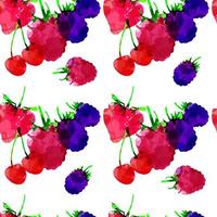 Seamless pattern with strawberry, raspberry, blackberry, cherry, berry with blots and stains on a white background. Watercolor art. Freehand creative vector illustration.