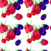 Seamless pattern with strawberry, raspberry, blackberry, cherry, berry with blots and stains on a white background. Watercolor art. Freehand creative vector illustration.