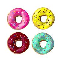 Photorealistic vector colorful donuts with sprinkles, glaze. Set of 4 realstic delicious sweet pink, chocolate, yellow, azure donuts american dessert with colorful toppings on white background.