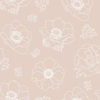 Anemone floral vector background. Seamless pattern with hand drawn white outlined flowers on biege background.