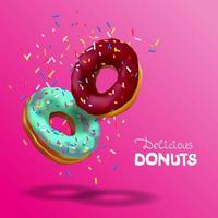 Realistic vector banner for cafe and confectionery. Two tasty chocolate and azure donuts, sprinkles falling from top in 3d illustration isolated on pink volume background with round shadows