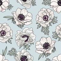 Gentle floral pattern with light biege spring flowers Anemone in vintage watercolor style on light blue background. Vector hand drawn outline sketch seamless illustration .