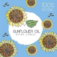 Vector illustration with handdrawn sunflowers with seeds on blue background with the text on an impressive circle. Design for sunflower oil, sunflower packaging, natural cosmetics,health care products