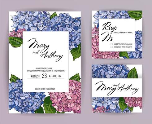 Set of Wedding Invitations, hydrangea invite A5 card Design Hand drawn colorful marker brush pen illustration. Doodle sketch line on hortensia on white background frame print. Vector menu, rsvp set