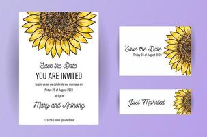 Set of wedding invitation card flowers Sunflower. A5 wedding invitation design template on white background vector