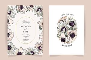 Set of card with flower anemone, leaves. Wedding ornament concept. Floral poster, invite. Flowers and foliage wedding invitation card template design on light brown beige background vector