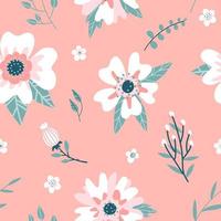 Seamless pattern with a dogrose flowers , rosehip bud and twigs . Handdrawn abstract flat hand drawn vector flora background.