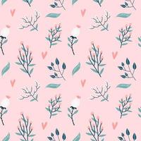 Floral seamless pattern. Garden flowers branches, buds and hearts on pastel pink background. Roses blossom bud with leaves and wildflowers twigs decorative backdrop. Vector flat illustration.