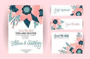 Set of wedding invitation template, greeting card. Design of rosehip flowers, twigs, foliage, grass. Delicate pastel colors. With hand lettering. Vector flat illustration.