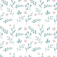 Seamless background with branches of Silver Dollar eucalyptus. Tropical seamless pattern of eucalyptus branches with green leaves and abstract pink flowers on white. Vector flat illustration.