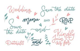 hermoso conjunto de letras de boda. Frases especiales para decoración de tarjetas. escritura de caligrafía lineal moderna. por favor únase a nosotros para, menú, guarde la fecha.