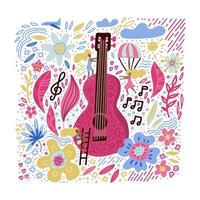 Music festival vector illustration, guitar with floral flowers art. Small waman near huge guita. Hand drawn banner, poster, postcard or t-shirt print.