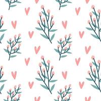Seamless pattern of hearts, holly berries branch on a transparent background. Vector hand drawn illustration.