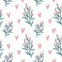 Seamless pattern of hearts, holly berries branch on a transparent background. Vector hand drawn illustration.