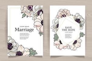 juego de cartas con anémonas dibujadas a mano, hojas. concepto de adorno de boda con flores de color beige rosa suave. cartel floral, invitación. tarjeta de felicitación decorativa vectorial o fondo de diseño de invitación vector