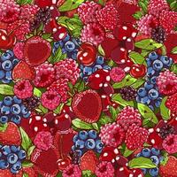 berry background. Berries overhead closeup colorful assorted mix of strawberry, blueberry, raspberry, blackberry. Food background, texture of assorted fresh berries. Hand drawn vector illustration.