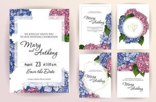 Set of wedding invitation card flowers hydrangea. A5 wedding invitation design template on white background. vector Hand drawn colorful marker illustration.Doodle sketch line on white background frame