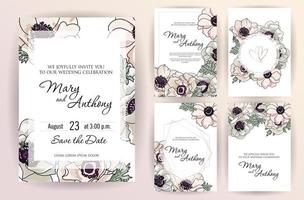 Wedding invitation, menu cover, information, label, card design with gently powder pink anemone flowers watercolor oulined sketch . Template big set. Vector hand drawn illustration.