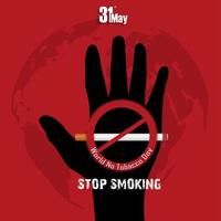 Black hand with word stop smoking on red background vector