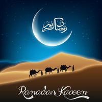 ramadan kareem con paseos en camello por el desierto en la noche vector