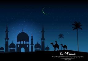 Eid mubarak background with Arabian riding camel and mosque on night.Vector vector