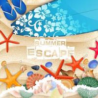 Surfboard and Flip-flops on sand background vector