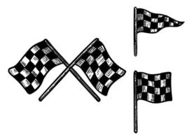 Set race flags elements sketch isolated. Vintage element for driving track in hand drawn style. vector