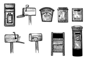 Set mailboxes sketched isolated. Vintage letterboxes in hand drawn style. vector