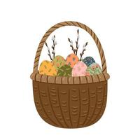 Easter wooden wicker basket with painted eggs and branch of pussy willow. Vector cartoon illustration isolated on white background. Happy Easter greeting card.