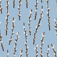 Easter spring twigs blossom pussy willow tree seamless pattern. Vector spring holiday texture in cartoon flat style. Fluffy willow branches background.