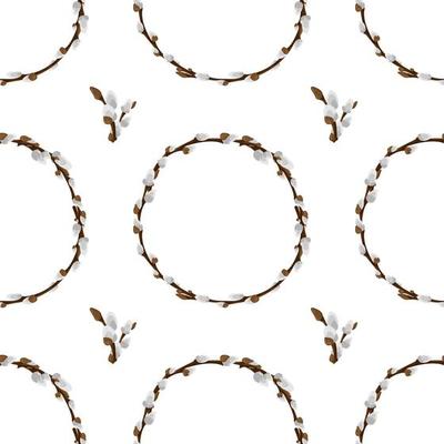 Easter pussy willow wreath seamless pattern. Spring branches vignette holiday texture. Happy Easter background. Fluffy willow vector design