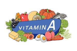 pancarta de vitamina a. estilo dibujado a mano con elementos de productos - fuentes de vitamina a. ilustración vectorial, adecuada para el diseño de folletos, volantes o carteles