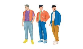 Some guy using colourful outfit in orange, blue, purple poses so modern and good looking vector