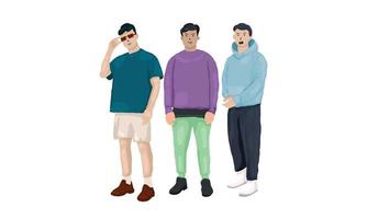boy and his friends pose like teenager using shirt and short pants, casual outfit everyday vector