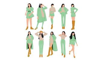 Matcha girl with straight hair in beautiful poses and different style trendy photoshoot vector