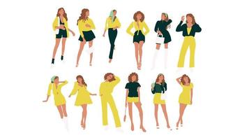 Girl with curly hair model poses in yellow outfit with various positions vector