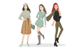 Las niñas van a la cafetería a usar ropa informal, color verde menta marrón militar, también con sombrero y bufanda. que las niñas son estudiante y empleadora. vector