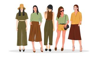 Full body model famous trendy girl, business woman have a life style. She use hand bag, sun glasses, coat, boat. Super elegant with green yellow mustard colour vector