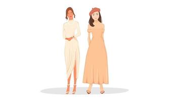 chicas elegantes y glamorosas con vestido largo y usan algo de maquillaje, hermosos vestidos largos de color blanco y nude para mujer vector