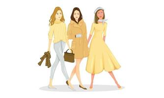 women are walking illustration character lady girl with brown outfit winter and they like a model. Their outfit can be using for Work or Meeting