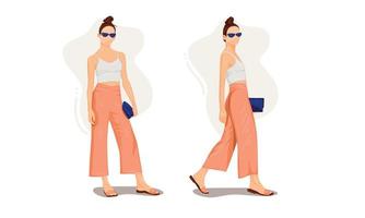 Model wants to cat walk in red Carpet but she should try in her home by herself, she using casual outfit like white tank top and pink salmon pants vector