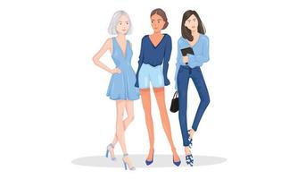 Desfile de moda de mujer modelo posando para ropa cómoda de carácter internacional. usan camisa azul, pantalón y mini vestido, simplemente vector