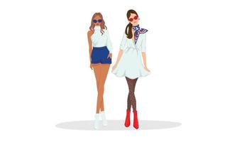 personaje mujer modelo con blanco azul y gafas de sol dama moda casual o formal atuendo del día fiesta vacaciones ropa cómoda mejor amiga hermana vector