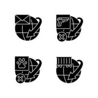 International shipment service rules black glyph icons set on white space. Global mail and container freights delivery. Shipping restrictions. Silhouette symbols. Vector isolated illustration