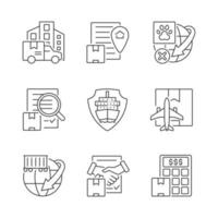 International shipping business linear icons set. Worldwide delivering of cargoes, parcels and mail. Customizable thin line contour symbols. Isolated vector outline illustrations. Editable stroke